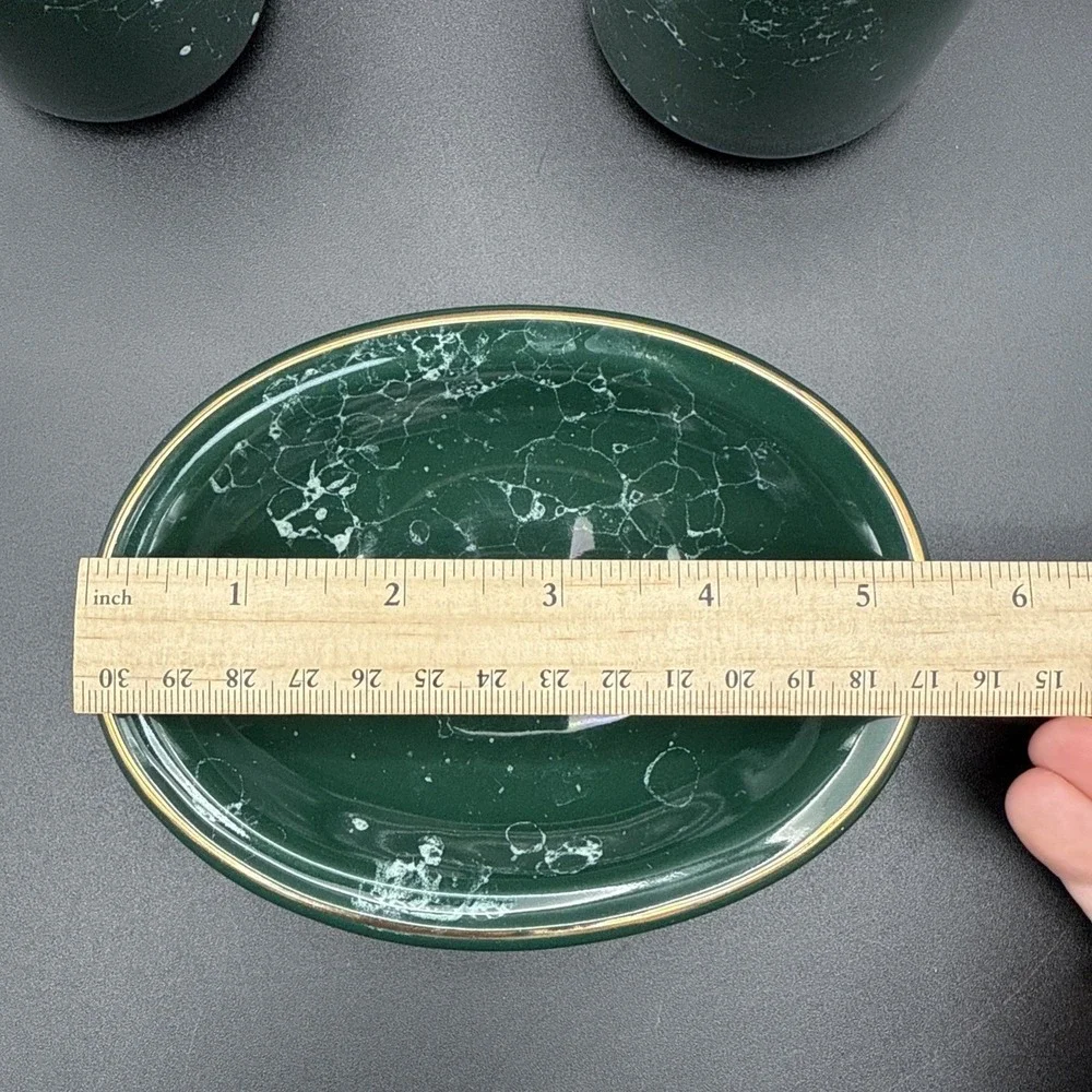 Green Marble Soap Dish Tumbler Toothbrush Holder Bathroom Set Vintage Gold Rim‎